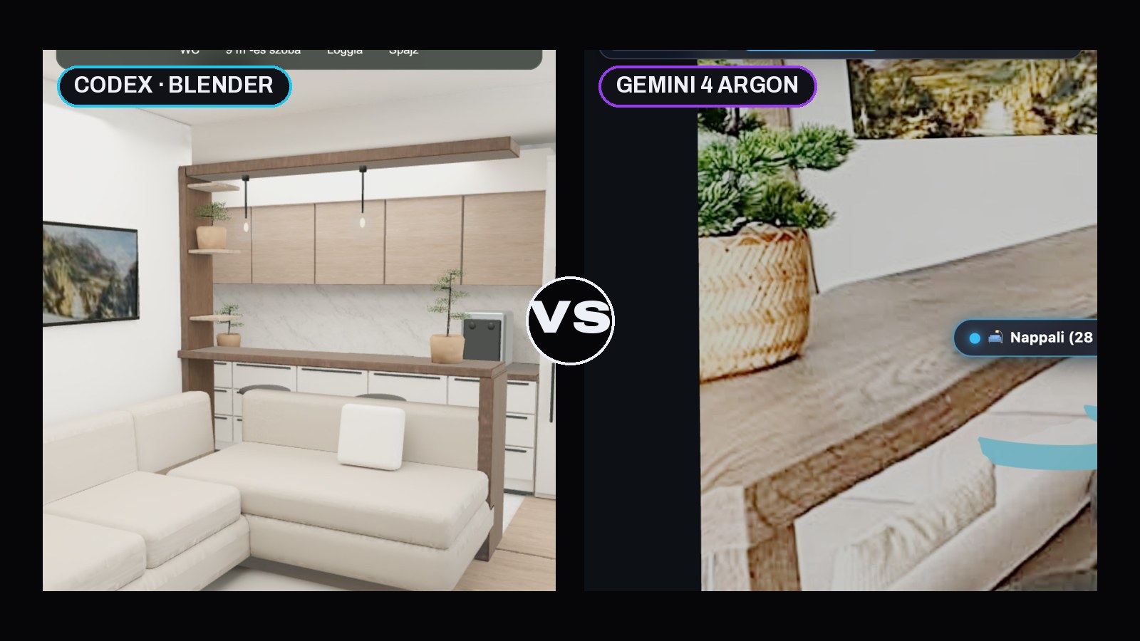 Gemini 4 Argon vs Codex: ugyanannak a lakásnak a 3D bejárása – balra a Codex Blenderben épített nappalija, jobbra az Argon fotóalapú nézete